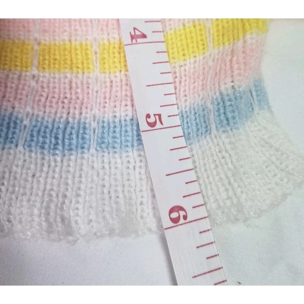 Vintage Hand Knit Doll Outfit Hat Sweater Footed Pants Baby Doll Pink Yellow Pom